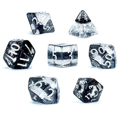 Gate Keeper Games & Dice: Mighty Tiny Dice: Dragon Eggs - 7 pc - RPG Dice Set, 3-Layer Neutron Style, Clear-Silver Glitter-Black, 12mm Resin Dice