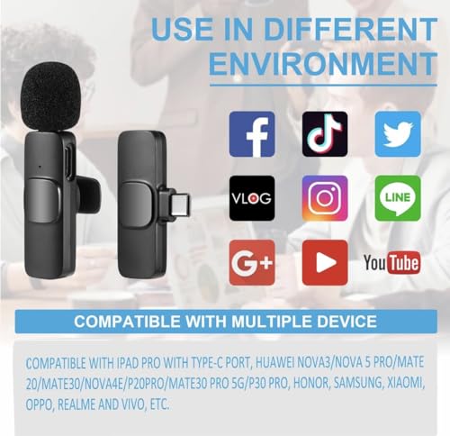 Wireless Lavalier Microphone Set of 2 – Podcast Microphone with Included Adapters, USB C Charging Cable – Lapel Microphone Wireless Ideal for Vlogging Kit, Studio Mic Portable Microphone
