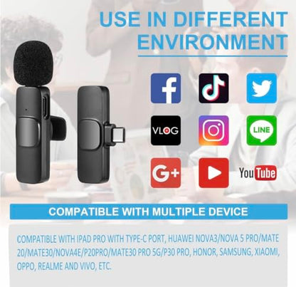 Wireless Lavalier Microphone Set of 2 – Podcast Microphone with Included Adapters, USB C Charging Cable – Lapel Microphone Wireless Ideal for Vlogging Kit, Studio Mic Portable Microphone