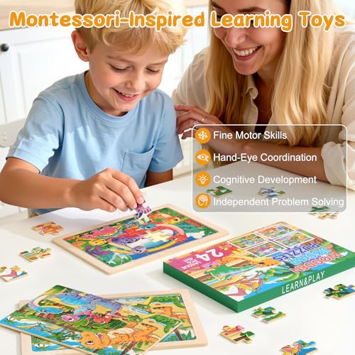 4 Pack Wooden Dinosaur Jigsaw Puzzles for Kids Ages 2-4 Toddler Puzzles | Sensory Toys, Preschool Educational Toys, Toddler Puzzles Gift for 3 4 5 Year Old Boys Girls - color: Dinosaur