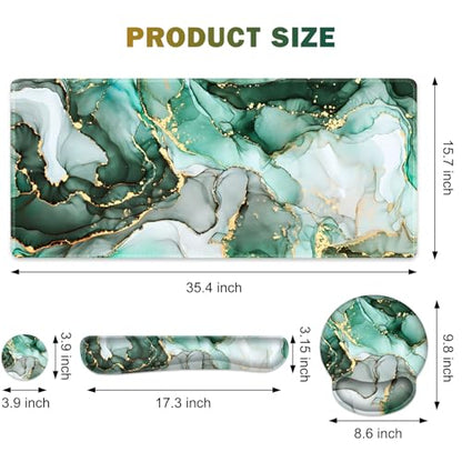 Gaming Mouse Pad, Large Desk Mat, Cute Desk Pad Protector 4in1 XXL Mousepad | Keyboard Wrist Rest+Mouse Wrist Rest+Coaster Set with Ergonomic Desk Pad for Home Office PC Computer, Green Marble - color: Green Marble