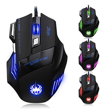 zelotes Ergonomic Gaming Mouse with Rapid Fire Button, 7200 DPI(5-Level Adjustable), 7 Buttons,LED Lighting, USB Wired Optical Mouse for Office/Gaming, Compatible with Laptop/PC (Black)