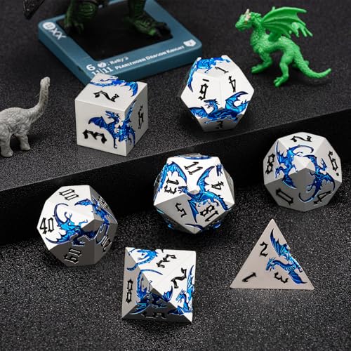 Metallic D&D Dragon Dice Set,Metal DND Polyhedral Dice with Dragon for Dungeons and Dragons RPG TTRPG D and D 7-Die Set with Gift Case (Dragon-Pearl Silver Transparent Blue) - color: Dragon-pearl Silver Transparent Blue