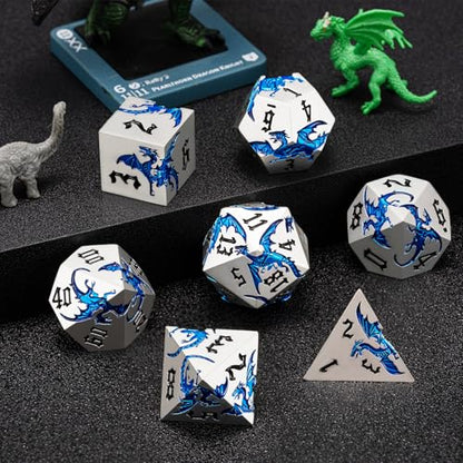 Metallic D&D Dragon Dice Set,Metal DND Polyhedral Dice with Dragon for Dungeons and Dragons RPG TTRPG D and D 7-Die Set with Gift Case (Dragon-Pearl Silver Transparent Blue) - color: Dragon-pearl Silver Transparent Blue