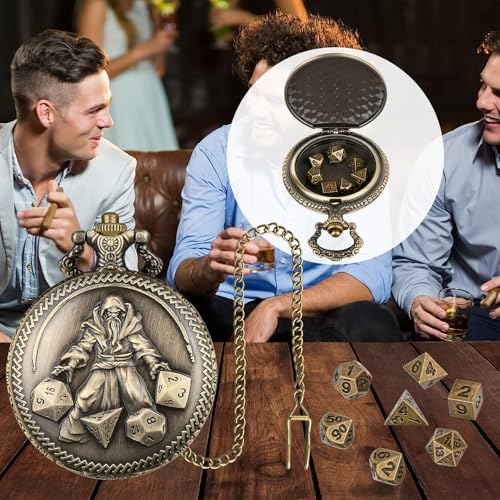 Mini DND Dice Set, Hand Held Dice Wizard Pocket Watch Shell Case, 7 Piece Polyhedral Metal D&D Dice Set, DND Gifts with Gift Box, Role Playing Board Game Accessories, Bronze - color: Bronze