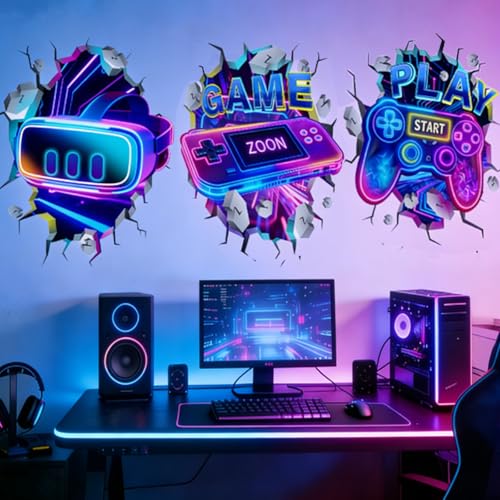 3D Game Room Decor Gaming Room Wall Decals Colorful Gamer Controller Video Gaming Joystick Stickers Boy Bedroom Teenagers Playroom Decor (3D Game 3-Piece) - color: 3d Game 3-piece