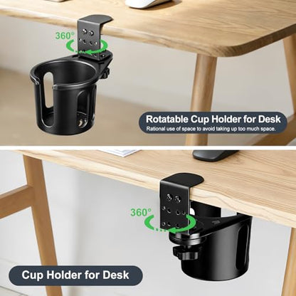 MYITYARD Desk Cup Holder Clamp, Clip On Table Cup Holder, Rotatable Water Bottle Stand Drink Coffee Mug Storage, Office Accessories for Home and School - color: Black-1