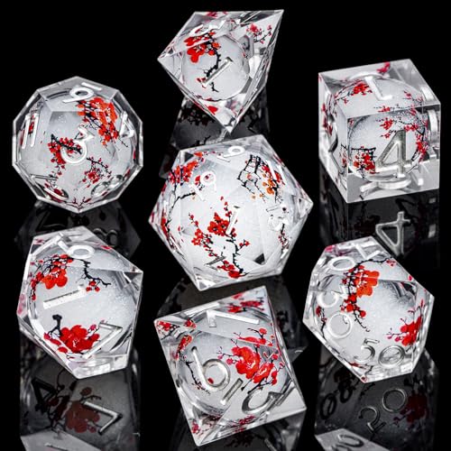 ARUOHHA DND Resin Dice Plum Blossom Liquid Core White Sharp Edge Dragons Polyhedral Dice Set with Gift Box, Compatible with D&D Role Playing Game Dungeons D and D Dice Set D20 D12 D10 D6 - color: Flower&silvery White