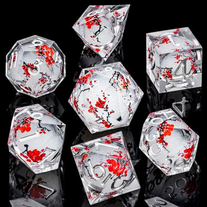 ARUOHHA DND Resin Dice Plum Blossom Liquid Core White Sharp Edge Dragons Polyhedral Dice Set with Gift Box, Compatible with D&D Role Playing Game Dungeons D and D Dice Set D20 D12 D10 D6 - color: Flower&silvery White