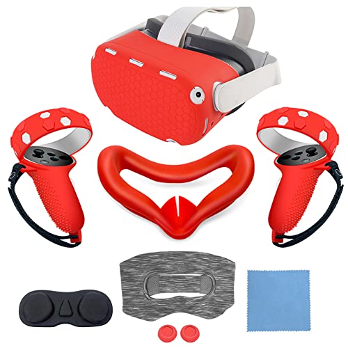 JYMEGOVR for Oculus Quest 2 Silicone Cover, Protective Cover Accessories for Meta VR, Multi Colors Soft Shell Skin, Controller Grips & Face Cover Set (Red) - color: Red