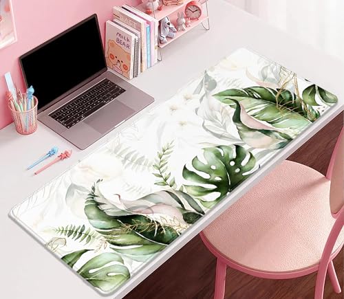 Green Tropical Leaves Mouse Pad Desk Pad,Green Sage Plant Extended Gaming Mouse Mat with Stitched Edges Non-Slip Waterproof Rubber Base Mous Mat for Office Home Game Desk Pad(27.5X11.8 in) - color: Green Tropical Leaves