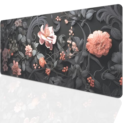 Black Floral Large Mouse Pad Desk Pad,27.5x11.8 in Extended Keyboard Mousepad with Stitched Edges, Waterproof Non-Slip Rubber Base for Office Computer Laptop Home - color: Black Flower