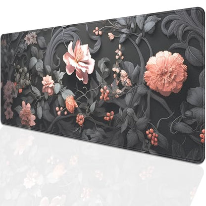 Black Floral Large Mouse Pad Desk Pad,27.5x11.8 in Extended Keyboard Mousepad with Stitched Edges, Waterproof Non-Slip Rubber Base for Office Computer Laptop Home - color: Black Flower