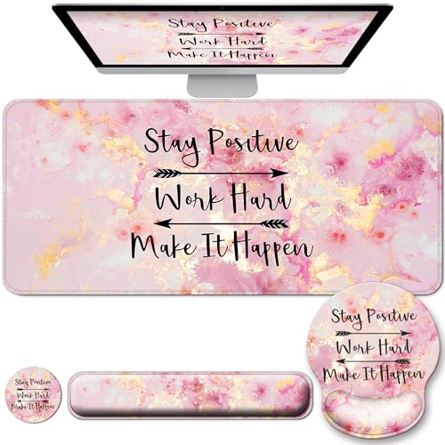 Large Mouse Pad and Keyboard Wrist Rest + Desk Mat Set,Full Long Mouse Pads for Desk Accessories with Memory Foam Gel Pink Mousepad for Women Computer Desktop Office Work-Pink & Black Slogan | Ergonomic,Pain Relief, 4-in-1 Large Big Mousepad Computer Mats