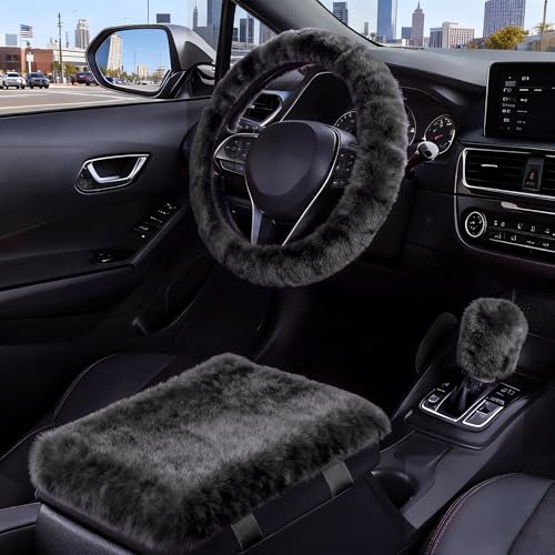 Furry Steering Wheel Cover, Gear Shift Center Console Cover, 3 PCS | Heat Absorbing, Warm Plush, Elastic Stretch, Standard Size 14.5"-15“, Anti-Slip Car Interior Accessories, Set of 3, Black - color: 3 pcs set - black