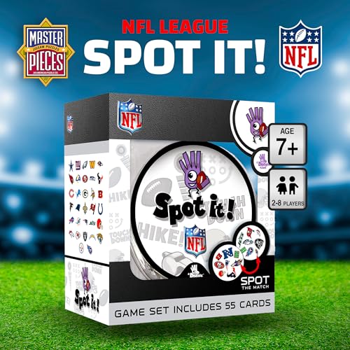 Spot It! NFL Edition Card Game – Fast-Paced Matching Game Featuring Official NFL Team Logos & Football Symbols – 55 Cards with 5 Mini Games – Family Party & Travel Game for Kids & Adults - style: League