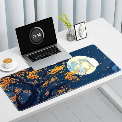 Auhoahsil Large Gaming Mouse Pad, Nature Theme XXL 35.4 x 15.7 in Desk Pad Stitched Non-Slip Rubber Long Computer Mousepad Thin Extended Full Size Desk Mat for Desktop Laptop Wireless Mice, Maple - color: 29 Maple Moon, size: 35.5L x 15.7W inches