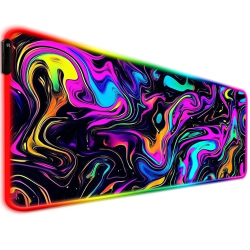 RGB Abstract Colorful Marble Swirl Fluid Gaming Desk Mat, Computer Keyboard Large Extended Long LED Mouse Pad for Office and Home, XL (W22) - color: Rgb-w22