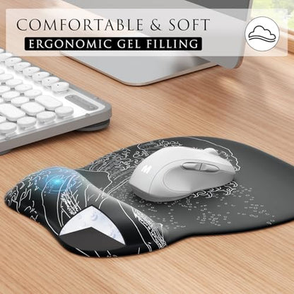 MROCO Ergonomic Mouse Pad with Gel Wrist Rest, 9.4 x 8.1 in, Kanagawa Wave | Ergonomic Shape Design, Multiple Pattern Options, Gel Wrist Comfort, Smooth Lycra Surface, Non-Slip PU Base - color: Kanagawa Wave
