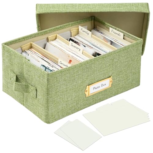 Linen Photo Storage Box with Adjustable Hook and Loop Dividers, Holds 850 4"x6" Photos, Collapsible Picture Organizer with Handle and Label Stickers, Memory Keepsake Box for Women, Grass Green - color: Grass Green, size: 11.22"x6.89"x5.12"