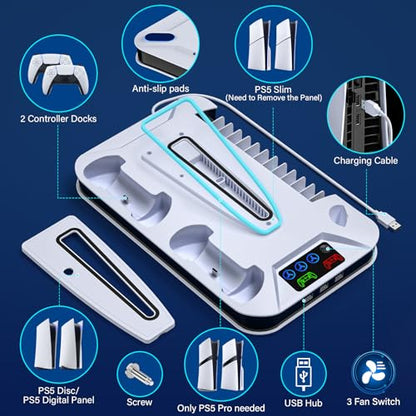 PS5/Slim/Pro Cooling Station with Controller Charging Station for Playstation Console Playstation 5 Slim&Standard Disc/Digital Console, PS5 Pro Stand Cooler Accessories Incl Cooling Fan/3 USB Hubs - color: White