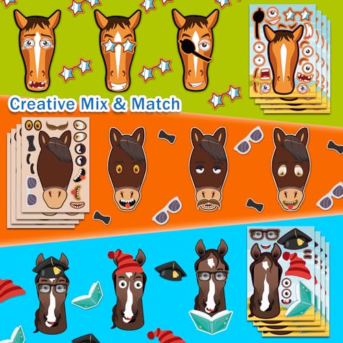 Aowplc 48 Pcs Make A Horse Sticker Sheets Mix and Match for Kids Horse Party Favors Supplies Birthday Gifts Activity Crafts - style: Horses