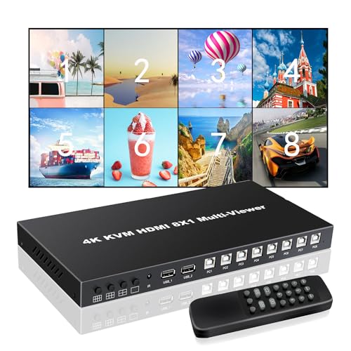 HDMI MultiViewer 8x1 with KVM Function, 4K@30Hz HDMI Quad MultiViewer Share 8 Computers simultaneously, Allowing Them to Share a Set of Keyboard and Mouse simultaneously, with IR Remote Control - size: 8x1 HDMI Multiviewer Switch with KVM