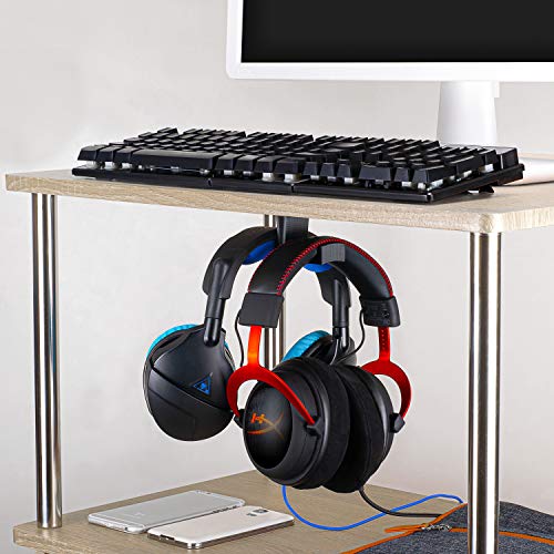 BRAINWAVZ BigT Dual Headphone Stand (2 Pack), Under Desk Hanger for Headphones, Gaming Headsets, Mobiles Accessories, Stick On, No Screws, Black - style: Big T - 2 Pack