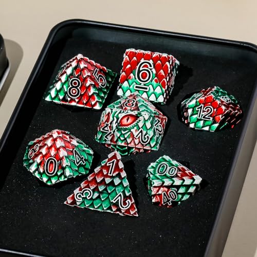 Dragon Eye Metal Dice Set - 7 Pcs Dragon Scale Metallic D&D Dice, Gift Box for Dungeons and Dragons Tabletop Game (Red, Green Dragon Scale & Red Eye) - color: Red Green Dragon Scale & Red Eye