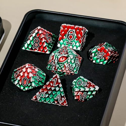 Dragon Eye Metal Dice Set - 7 Pcs Dragon Scale Metallic D&D Dice, Gift Box for Dungeons and Dragons Tabletop Game (Red, Green Dragon Scale & Red Eye) - color: Red Green Dragon Scale & Red Eye