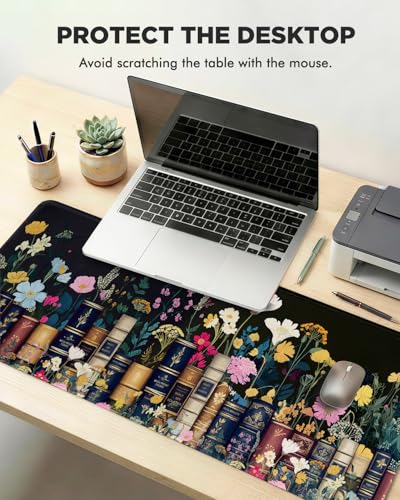 Mouse Pad, Desk Mat, 31.5x11.8in Large Mousepad, Books & Flowers | Desk Pad with Stitched Edge & Rubber Non-Slip Bottom, Gaming Mouse Pad, Extended Mousepad for Home, Office - color: Books & Flowers