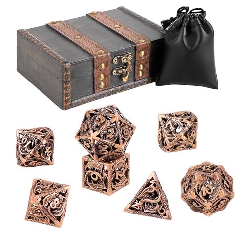 7PCS DND Dice Set, Premium Hollow Metal Polyhedral Dice with Treasure Chest & Dice Bag, Gift for Men & Women, Dungeons and Dragons, TTRPG RPG Tabletop Games (Antique Red Copper) - color: Antique-red-copper