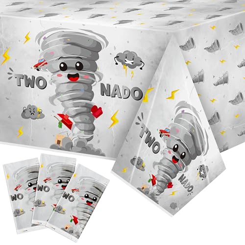 3Pcs Two Nado Party Tablecloths - Gray Tornado Birthday Party Table Covers Decorations, Cute Two Nado Themed Rectangular Plastic Disposable Table Cloth Decor for Baby Girls 2nd Birthday Baby Shower - color: Gray Two Nado