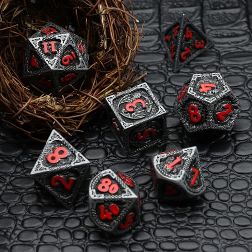 Haxtec Metal DND Dice Set, 7 Pcs Dragon Pattern Polyhedral Dice for RPG | Red Numbers D&D with Leather Bag, Compatible with Dungeons and Dragons, Matte Black Heavy Metallic, Gifts for Table Games - color: Matt Black Red