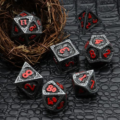 Haxtec Metal DND Dice Set, 7 Pcs Dragon Pattern Polyhedral Dice for RPG | Red Numbers D&D with Leather Bag, Compatible with Dungeons and Dragons, Matte Black Heavy Metallic, Gifts for Table Games - color: Matt Black Red