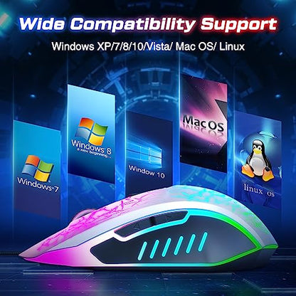 VersionTECH. Wired Gaming Mouse, Computer Mouse Ergonomic Mice with 7 LED Lights RGB Backlit, 6 Programmable Buttons, 4 Adjustable DPI for Laptop PC Gamer Desktop Chromebook Mac Games-White - color: white