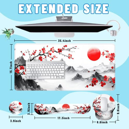 Cherry Blossom Desk Mat Set Zen Ink Landscape Large Mouse Pad with Wrist Rest 4-in-1 Desk Mat for Desktop Ergonomic Computer Desk Arm Wrist Anti-Slip Computer Ergonomic Mouse Pad Home Office Gaming - color: Cherry Blossom, size: 34.5" x 15.7"
