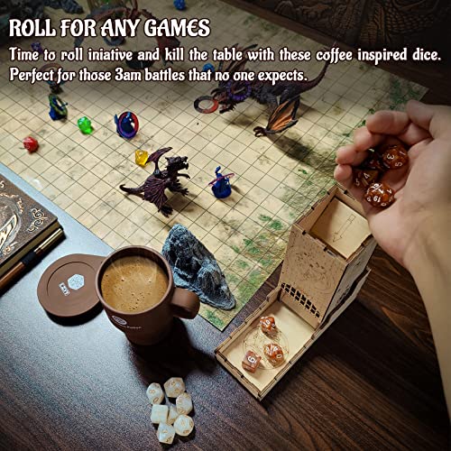 CZYY Coffee & Sugar Dice Set, 14 Acrylic RPG Dice with Silicone Cup Case | 2 Complete 7-Dice Sets, Coffee & Sugar Themes, Acrylic Resin, +3 Stamina Potion Silicone Mug Storage, Gift for RPG Players