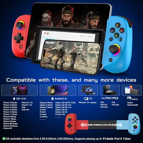 Joso Mobile Gaming Controller for iPhone/iPad/Tablet, Android Wireless Controller with Hall Effects Joysticks, Support PC/Switch, Play Cloud Games/PS Remote Play/COD/Genshin Impact & More - Blue+Red - color: Red+Blue