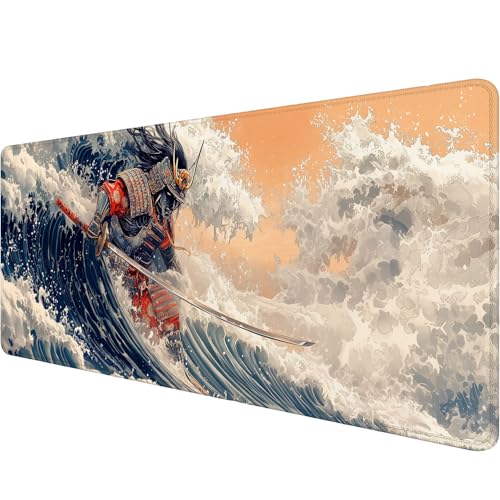 Japanese Samurai Gaming Mouse Pad Desk Pad Retro Poster Armor Katana Waves Large Gaming Mouse Mat with Stitched Edges,Non-Slip Waterproof Rubber Base Mouse Mat 31.5"x11.8" - color: Japanese-samurai, size: 31.5" x 11.8"