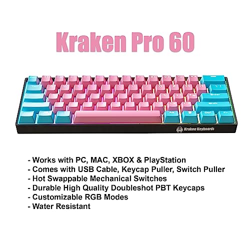 Kraken Keyboards Pro 60 Percent Keyboard 60% Gaming Keyboard Mechanical - Blue & Pink - HOT SWAPPABLE - for Gaming On PC, Xbox, PlayStation & MAC (Cotton Candy | Silver Switches)