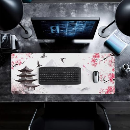 Retro Pagoda Cherry Blossom Watercolor Mouse Pad Abstract Big Mouse Pad 31.5x11.8 Inch Texture Non-Slip Rubber Base Large Mousepad Stitched Edges Keyboard Mouse Mat Desk Pad for Office and Home - color: Retro Pagoda Cherry Blossom