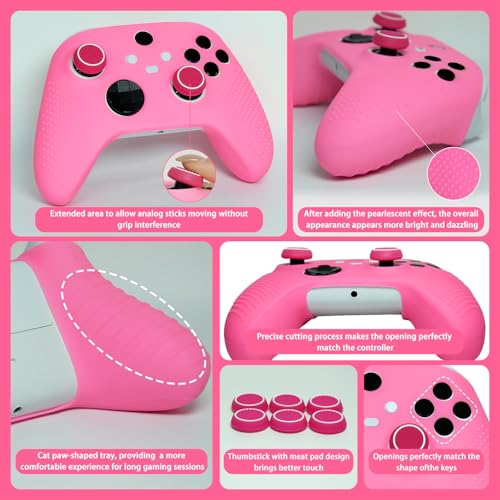 Anti-Slip Pink Controller Skin,Studded Edition Protective Silicone Cover Skin Grips Compatible with Xbox Series X/S Controller and 6 PCS Thumb Grips Caps. - color: Pink