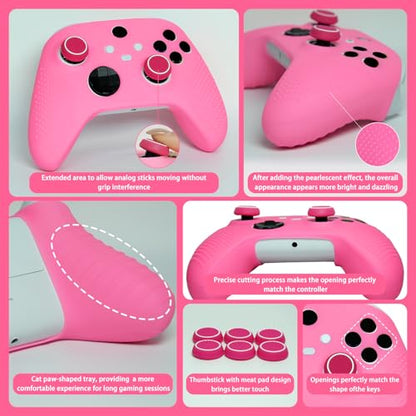 Anti-Slip Pink Controller Skin,Studded Edition Protective Silicone Cover Skin Grips Compatible with Xbox Series X/S Controller and 6 PCS Thumb Grips Caps. - color: Pink