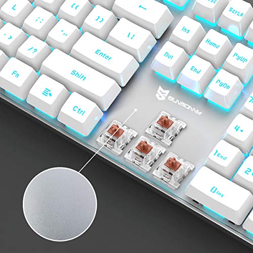 Merdia 104 Keys Full Size Mechanical PC Gaming Keyboard | Brown Switch Hot Swappable White Mechanical Wired Computer Keyboards | Ice Blue LED Backlit 104 Keys US Layout Light Up Wired Gaming Keyboard - color: Brown Switch White