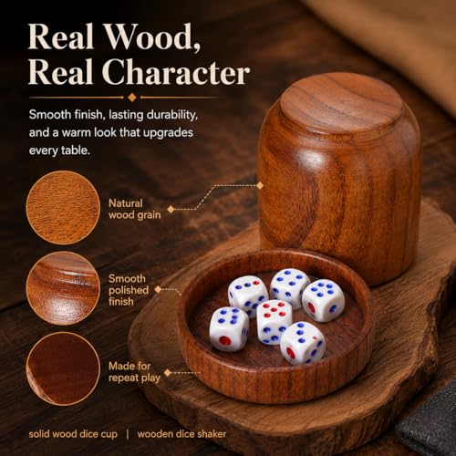 Toddmomy Wooden Dice Cup with Lid and Tray, Solid Wood Shaker Set with 5 Dice for Bar KTV Party, Board Game Accessories for Game Night