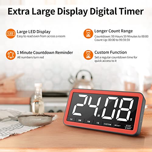 Large 7.8" Digital Timer, Magnetic LED Timer for Kitchen & Classroom | USB-C Rechargeable, Up to 99 Hours Count Up & Countdown Timer with 3 Brightness Levels, 4 Alert Modes and 3 Volume Levels - color: Black Red