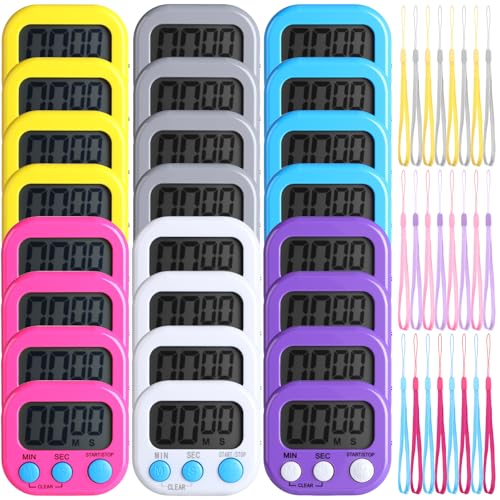 Leumoi 24 Packs Small Digital Kitchen Timer for Classroom with Lanyards Magnetic Back and Switch Minute Second Count up Countdown Big LCD Display Loud Alarm for Teacher Cooking Baking, Colorful