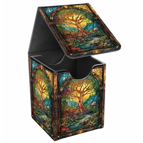 Card Deck Box, Card Storage Box Fits 100+ Single Sleeved Cards, Large Capacity PU Leather Card Storage Box with Strong Magnet for Magic Commander TCG/CCG, Magic Forest - color: Magic Forest
