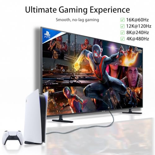 16K HDMI 2.2 Cable 10ft, 96Gbps High Speed, 16K@60Hz 8K@120Hz 4K@480Hz HDMI Cord with eARC, HDCP 2.2&2.3,HDR10, eARC, VRR & ALLM, Braided HDMI for PS5, Xbox Series X, Gaming PC, TV, Monitor, Projector - size: 10 FT